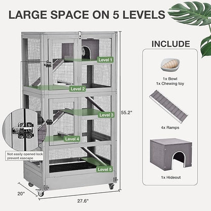 Ferret Cage Rat Cage Indoor Outdoor, Large Guinea Pig Cages with 5 Levels, Wooden Chinchilla Cage with Wheels for Hamster, Chameleon, Gerbils and Other Small Animals Anti-Chewing