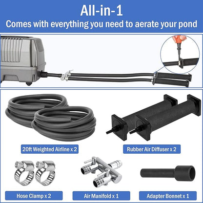 AquaMiracle All-in-One Koi Pond Aerator for Outdoor Ponds, Pond Air Pump Pond Aeration System with Self-Sinking Airline Flow Control Rubber Air Diffuser