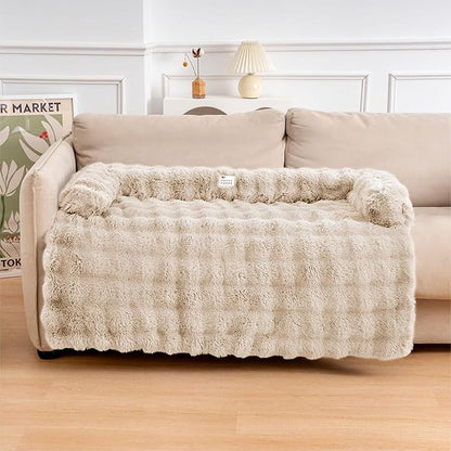 FUNNY FUZZY Pet Fluffy Plush Calming Dog Couch Bed Sofa Protector Washable Pets Mat for Large Medium Small Dogs and Cats (Coffee,47.24 × 37.4 × 6.3 in)