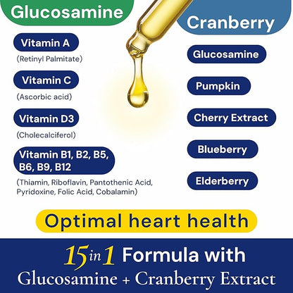 Advanced 15-in-1 Multivitamin for Dogs & Cats - Premium Liquid Supplement with Glucosamine, Vitamin B Complex and Cranberry for Joint, Digestive, Skin, Immune & UTI Support - 2.0 Fl Oz - Made in USA