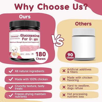 Glucosamine for Dogs - Joint Supplement for Dogs with Chondroitin, MSM, Omega 3, Hemp, Turmeric for Dog Joint Pain Relief, Dog Joint Supplement with Calcium Support Cartilage & Bone Health, 180 Chews
