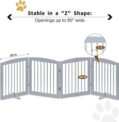Freestanding Pet Gate - Foldable Wooden Dog Gate for House, Indoor, 80 Inch Wide, 4 Panels 24", Grey