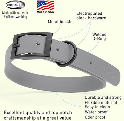 Dogline Biothane Waterproof Dog Collar Strong Coated Nylon Webbing with Black Hardware Odor- Proof for Easy Care Easy to Clean High Performance Fits Small Medium or Large Dogs, Battleship Gray