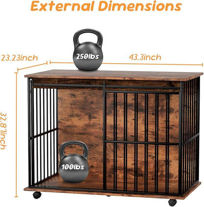 43.7" Dog Crate Furniture, XL Dog Crate Dog Kennel Indoor with Wheels for Large Medium Small Dogs, Wooden Dog Kennel End Table with Sliding Door Wooden Furniture Crates for Living Room, Bedroom