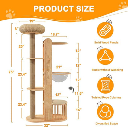 75 inch Cat Tree Tower for Indoor Cats Large Adult, Modern Big Cat Climbing Tower, Tall Cats Post, Corner Wood Cute Cat Condo with Sisal Scratching Posts