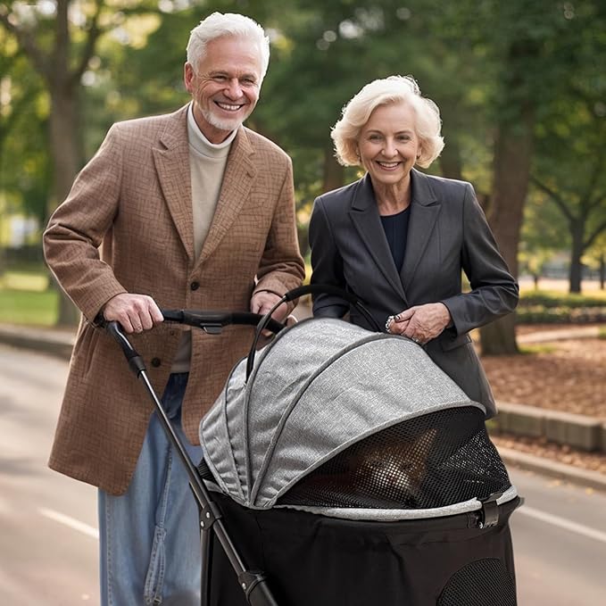 4 Wheels Pet Stroller 4 in 1 Pet Stroller with Detachable Carrier for Small & Medium Dogs Cats up to 55 lbs Easy-Folding Travel Dog Wagon with Car Seat Breathable Mesh,Gray