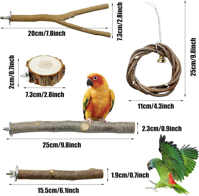 Allazone 10 PCS Natural Parrot Perch Bird Cage Accessories, Bird Platforms, Wood Stands, Grinding Fork Parakeet Platform for Small Lovebirds Budgies Cockatiels