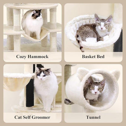 Globlazer Artistic Curved Cat Tower for Small Cats (Under 12 lbs), 81-inch Slim Design Cat Tree with Space-Saving Design, Indoor Cat Condo with Hammock & Tunnel, C81, Beige, Non-Large Cats