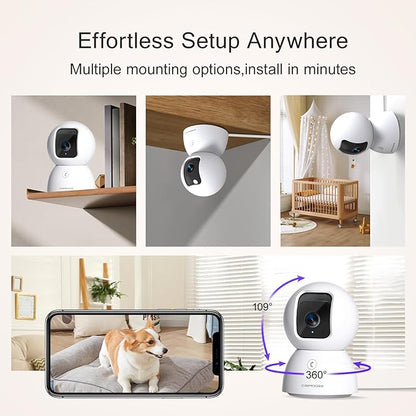 5G Security Camera Indoor 2-Pack, No-Monthly-Fee AI Tracking Facial Recognition, 3K Pet/Dog Camera with Speaker/Phone App, PTZ WiFi Baby Monitor Cameras for Home Security, 0-Glow Night Vision