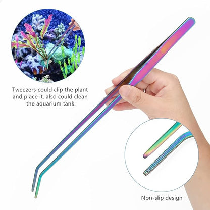 Aquarium Aquascape Tools Kit 15 in, 4in1 Anti-Rust Aquatic Plant Aquascaping Tool Stainless Steel Silver Tweezer Scissors Spatula for Aquarium Tank Clean (15in, Colorful)
