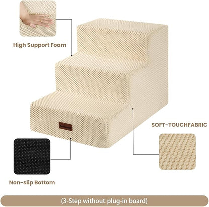 Dog Stairs for Small Dogs & Cats, 3-Step Extra Wide Non-Slip Pet Steps for Couch Sofa and Chair, Beige, 15.7" H