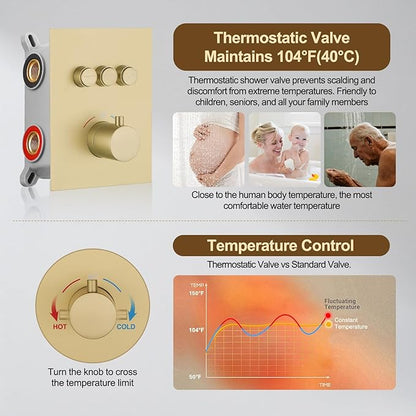 12 Inch Rain Shower System, Brushed Gold Shower Faucet Set with Push Button Diverter, 6 Inch Wall Mounted 3-Functions Bathroom Shower Systems with Dual-Function Handheld (Thermostatic, Gold Brushed)