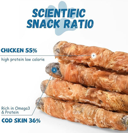 Dog Treats Chicken Wrapped Cod Fish Skin Sticks, Healthy High Protein Omega3 Cod Twist Dog Chews Real Chicken Wrap Teeth Cleaning for Large Medium Small Breeds, 10.6 oz