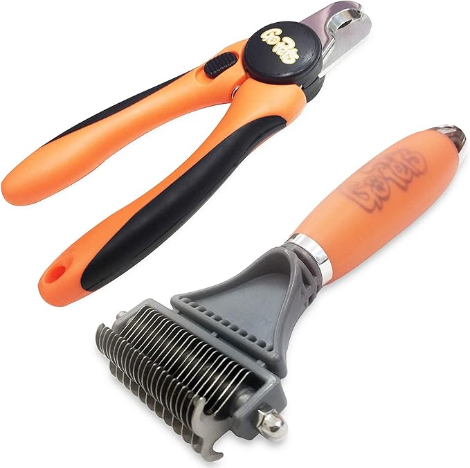 GoPets Grooming Kit Bundle with 2 Sided Dematting Comb and Deshedding Rake + Nail Clipper for Dogs and Cats Includes Nail File and Trimmer