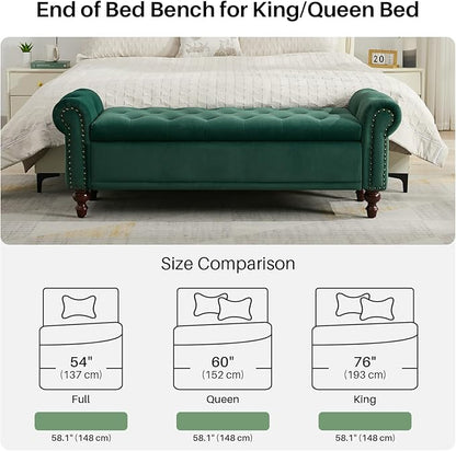 58.1'' Storage Bench Upholstered Velvet End of Bedroom Bed Bench Ottoman with Tufted Cushioned Rolled Arm Large Storage Space for Reading Living Room Entryway,Dark Green