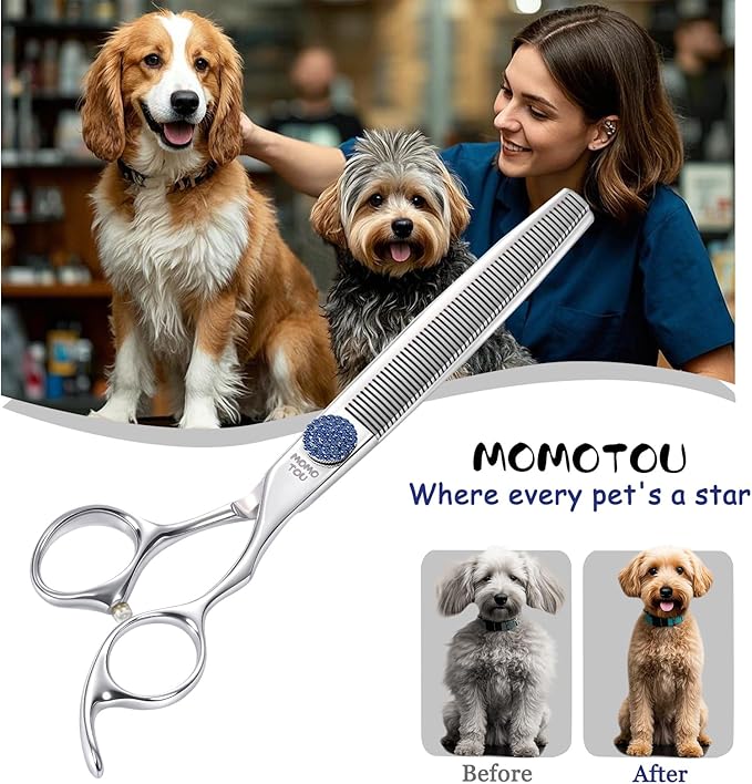 7'' Dog Grooming Scissors CNC 440C Blades Sharp and Durable Polished Thinning Dog Shears with Blue Diamond Adustable Screws Easy to Use for Groomer and Home User
