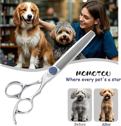 7'' Dog Grooming Scissors CNC 440C Blades Sharp and Durable Polished Thinning Dog Shears with Blue Diamond Adustable Screws Easy to Use for Groomer and Home User