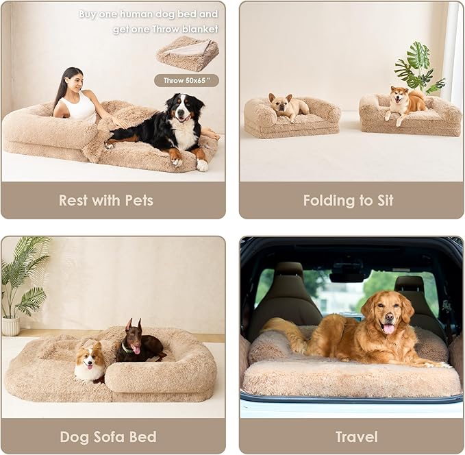 EHEYCIGA Foldable Dog Bed, Faux Fur Fluffy Dog Couch Bed, Orthopedic Calming Memory Foam Pet Bed for Small Dogs, Washable Soft Warm Pet Sofa Bed with Non-Slip Bottom, Camel, 40"x30"x6"