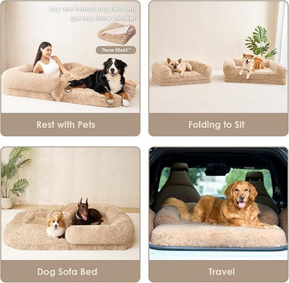 EHEYCIGA Foldable Human Dog Bed, Orthopedic Memory Foam Human Sized Dog Bed, Waterproof Pet Bed for People, Faux Fur Pet Couch for Adult, Camel, 72"x44"x11"