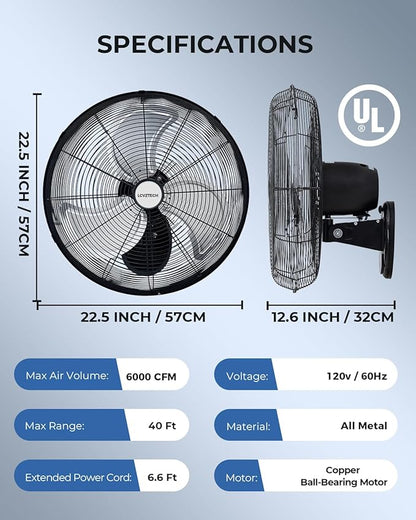 20 inch Wall Mount Fan Oscillating, 3-Speed 5500 CFM High Velocity Industrial Wall Mounted Fan, Heavy Duty Air Circulator for Garage, Shop, Gym, Workshop, Covered Patio - UL Listed