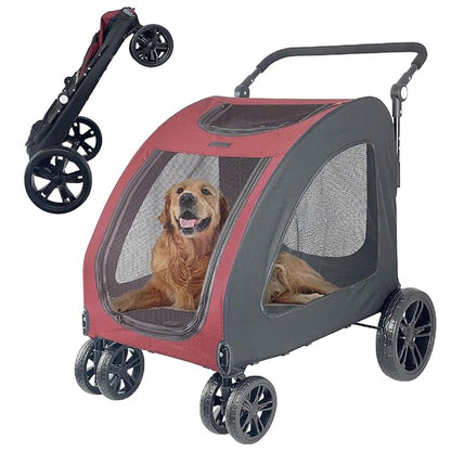 Extra Large Dog Stroller for Medium & Large Pets - Foldable Design, Adjustable Handle, Up to 130 lbs(Red)
