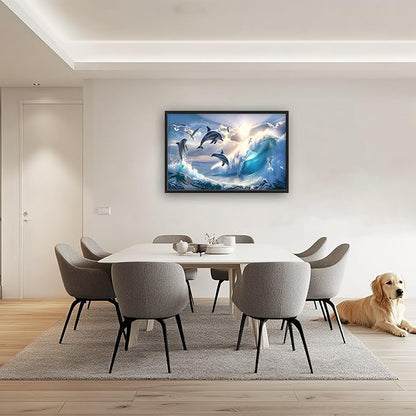 Dolphin Seagull Large Wall Art Sea Ocean Waves Sunrise Pictures Wall Decor Nautical Coastal Canvas Print Painting Artwork for Bathroom Living Room Bedroom 36L" x 24W"