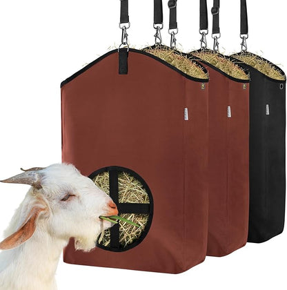 3 Packs Goat Hay Feeder,Hay Bags for Goats,Horses,Sheep,Premium 600D Oxford Cloth,with Metal Fastener and Adjustable Open Feed Hole for Slow Feeding. (2Brown + 1Black)
