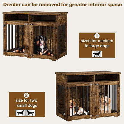 Furniture Dog Crate for 2 Dogs, 41 Inch Dog Kennel Furniture with Removable Divider and Shelf Storage, Wooden Dog Crate for Small/Medium Dogs, Rustic Brown