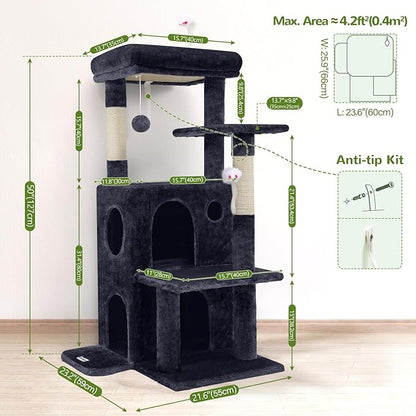 Globlazer Cat Tree Tower for Indoor Cats, 50-inch Adult Cat Tree House for Large Adult Cats with Steps, Scratching Post, 2 Cat Caves, Dangling Toys, FC50, Dark Grey