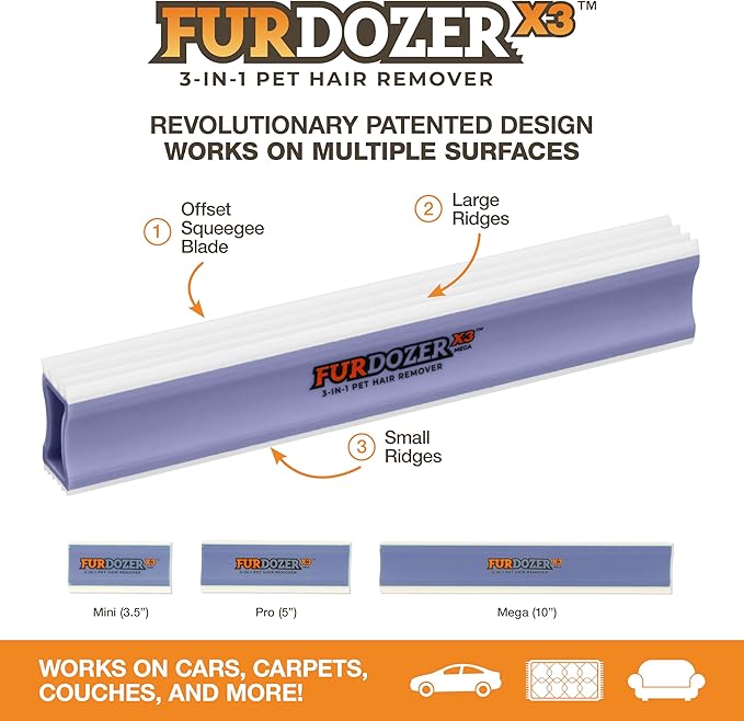 FurDozer X3 MEGA Pet Hair Remover & Auto Detailing Tool - Cat & Dog Hair Remover for Carpet, Car Interior, Couch, Bedding, & Furniture - Reusable Pet Hair Removal Tool for Dog Fur & Lint, 10", Purple