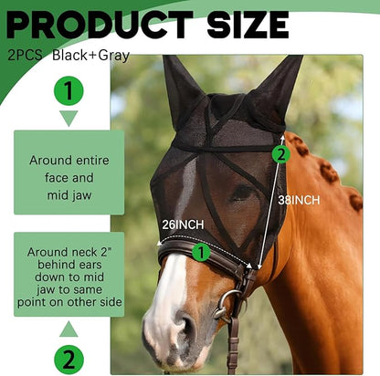 2 Pcs Horse Fly Mask with Ears Adjustable UV Protection Horse Fly Mask Accessories Large Eye Space with Ears for Horses Summer, Black and Gray, L