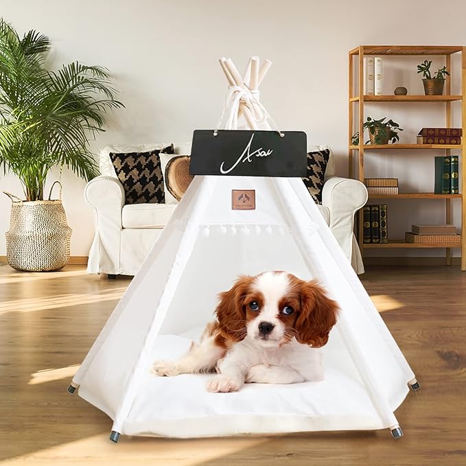 Dog Teepee Pet Tent Portable Dog Houses Puppy Teepee Cat Bed with Thick Cushion