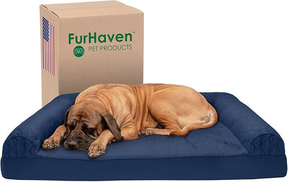 Furhaven Cooling Gel Dog Bed for Large Dogs w/ Removable Bolsters & Washable Cover, For Dogs Up to 125 lbs - Quilted Sofa - Navy (Blue), Jumbo Plus/XXL