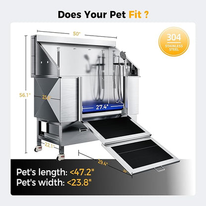 50" Dog Washing Station - 304 Stainless Steel, 27.4" Wide Ramp, Water-Storing Dog Bathing Station w/Swivel Wheels, Pet Proof Faucet, 2 Drawers, Dog Bathtub for Medium & Small Dogs