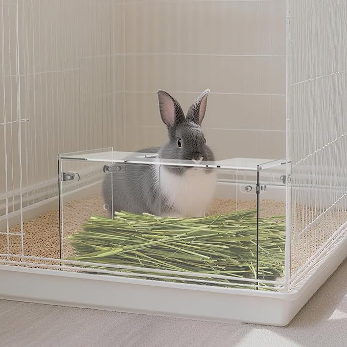 Acrylic Rabbit Hay Feeder with Lid, Transparent Hanging Food Dispenser Hay Feeder for Bunny Rabbits Guinea Pig Cage Chinchillas Hamsters Small Pets and Animals（Small