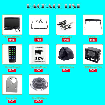 10 inch Screen 1080P Backup Camera System with Wired, DVR Recorder, Quad Split Screen, Car Monitor + 2X Waterproof Reversing Cameras + 2X Safety Sides Camera, for Camper, Trailers, Truck, RV