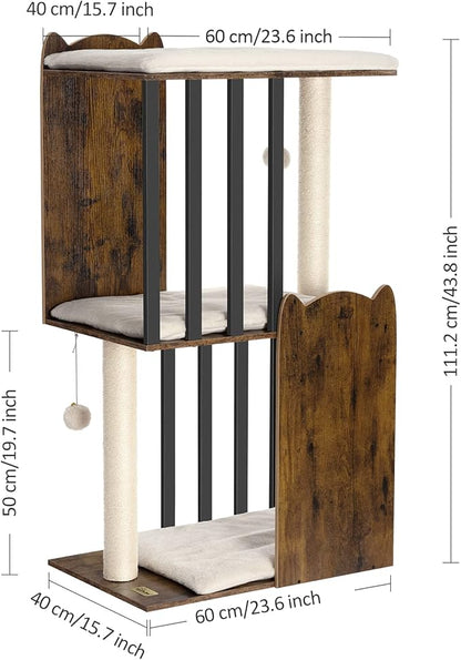 FourFurPets 43.8in 3-Tier Modern Cat Tree Tower Condo, Cat Scratch Posts for Indoor Cats, Big Plate, Two 19.7in Full Sisal Scratching Posts, Rustic Brown