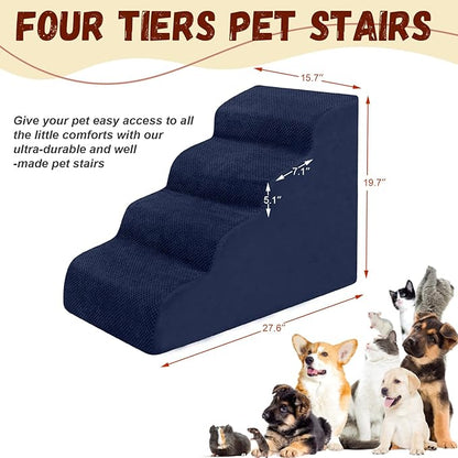 Dog Stairs for Small Dogs - High Density Foam Pet Steps, Extra Wide Dog Ramp with Non-Slip Bottom for High Beds, Couch and Sofa, Best for Dogs Injured, Older Doggy Cats, 4 Steps, Navy