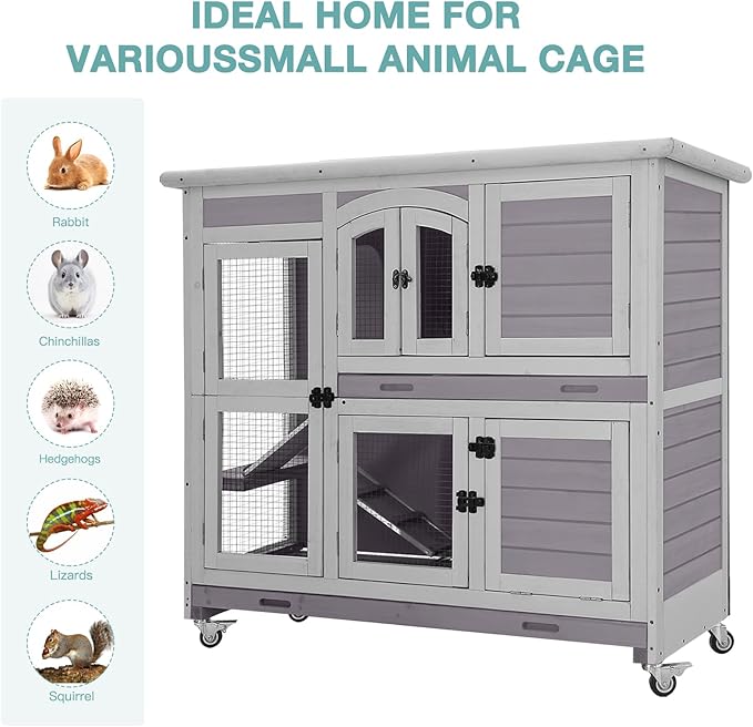 2-Tier Indoor Rabbit Hutch Bunny House Guinea Pig Cage with Sliding Plastic Trays, Wheels & Ramp, 47.2" Multi-Door Wooden Small Animal Cage for Rabbits, Bunnies, and Guinea Pigs (Grey)