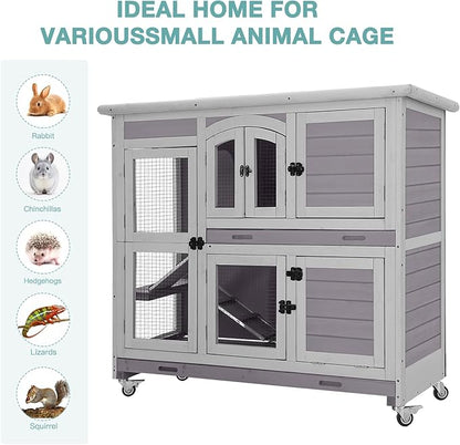 2-Tier Indoor Rabbit Hutch Bunny House Guinea Pig Cage with Sliding Plastic Trays, Wheels & Ramp, 47.2" Multi-Door Wooden Small Animal Cage for Rabbits, Bunnies, and Guinea Pigs (Grey)
