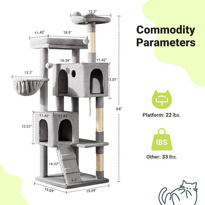 Allewie 64 Inches Cat Tree Tower/Multi-Level Activity Center for Indoor Big Felines/2 Plush Condos/2 Perchs/Basket/House/Sisal Scratching Posts/Hanging Cat Toys/Grey
