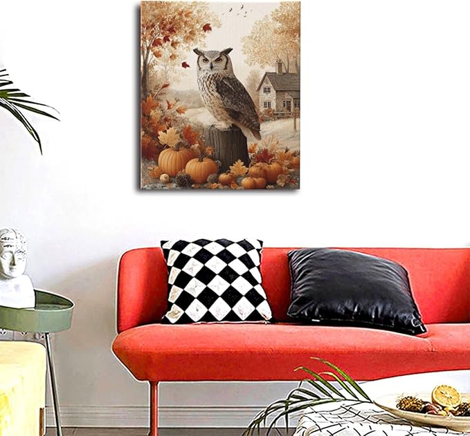 Fall Owl Wall Art Autumn Pumpkin Leaves Wall Decor Rustic Canvas Print Farmhouse Pictures Painting Print Framed Artwork Decorations Gifts for Living Room Bathroom Bedroom Office 20"x24"