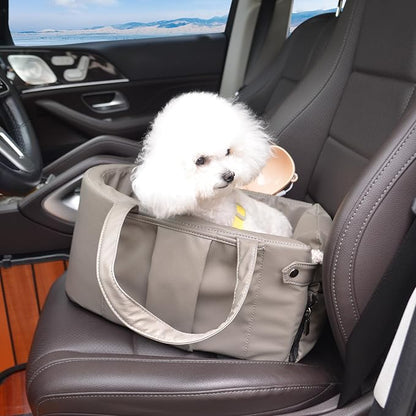 2 and 1 Center Console Dog Car Seat & Carrier for Small Dogs, Large Leather Dog Car Bed with Storage Pocket, Waterproof PVC Leather Seat Travel Bed for Front & Back Seat, Clip-On Safety Leash