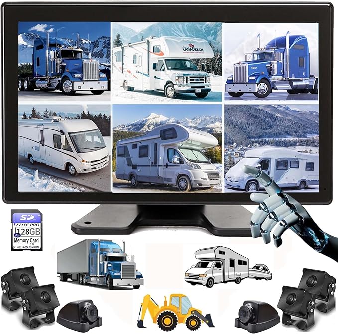 10.1" 1080P Backup Camera Monitor & Built-in DVR for RV Truck Trailer Rear Side Front Reversing View Wired System FHD Image 4 Split Large Screen 64GB Recorder IP69 Waterproof Avoid Blind Spot Kit