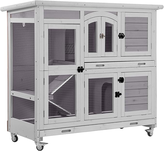 Aivituvin Rabbit Hutch Indoor, Bunny Cage with Wheels, 2-Story Design, 2 Deep Trays, Anti Slip Ramp, Ideal for Small Animals - Grey