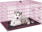 FDW Dog Crate for Small Dogs 24 Inch Folding Metal WirePet Cage Double Door W/Divider Panel Indoor Outdoor Kennel Leak-Proof Plastic Tray,Pink