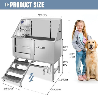 50" Pet Dog Bathing Station W/Stairs, Professional Stainless Steel Dog Grooming Tub W/Soap Box, Faucet,Rich Accessory, Dog Bathtub for Large,Medium,Small Pets, Washing Sink for Home (50" Left ramp)