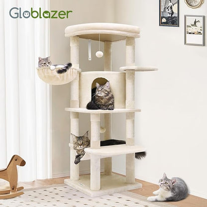 Globlazer Corner Cat Tree, 51in Curved Series Modern Cat Tower for Indoor Cats with Hammock, 7 Sisal Scratching Posts, Large Fan-Shaped Platform for Large Cats, Cat Condo & Hanging Basket, C51, Beige