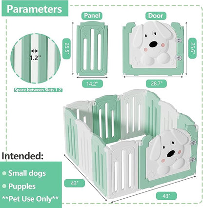 Foldable Dog Play Pen Indoors, Non-Slip Sturdy Puppy Playpen with Door, 25.5" H 10-Panel Adjustable Shape Dog Fence Pen for Small/Medium Dogs, Thickened, Easy to Store, White+Green