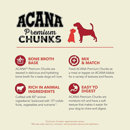 ACANA Premium Chunks in Bone Broth Grain-Free Wet Dog Food Variety Pack: Beef + Poultry Recipes 12.8oz Cans (6 Count, 3 of Each)